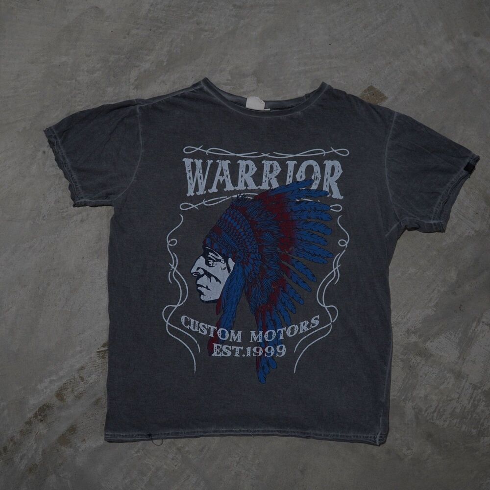 Y2K Warrior Custom Motors Tee Mens XL Faded Charcoal Biker Moto Raw Hem Shirt